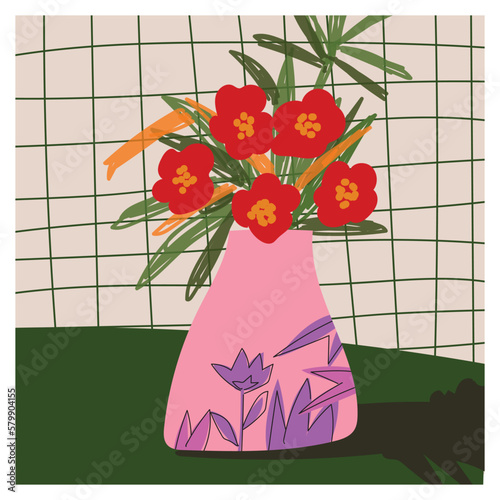 Flower on vase rough  hand drawn vector illustration.