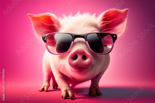 Close up of a cute pig with a sunglasses on pink background. Generative AI, Generative, AI