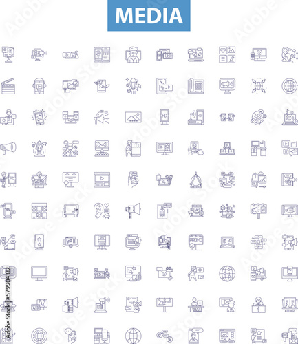 Media line icons, signs set. Media, Journalism, Broadcasting, Print, Publications, Advertising, Radio, TV, Digital outline vector illustrations.