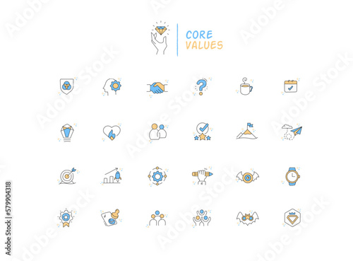 Core values icon set. The modern symbol of company core values, vector line icons with editable strokes.
