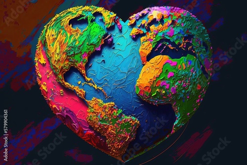 The world in the shape of a heart  filled with radiant tones that manifest the beauty of biological diversity and as an emblem of cohesion in the fight against climate change  Generative AI