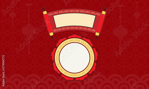 Traditional Chinese lanterns and label red background. Chinese and chinatown festival papers lanterns vector illustrations. Holiday Chinese elements, china asian lamp.
