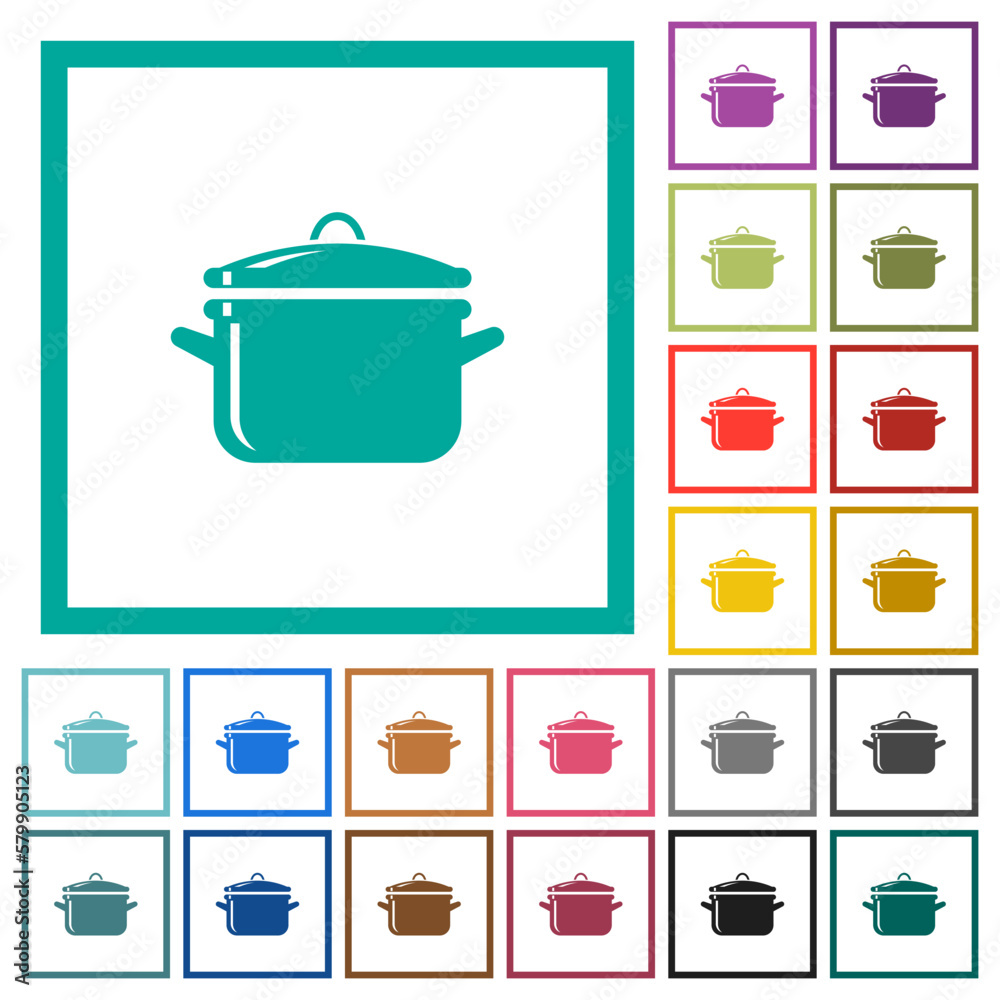 Glossy pot with lid flat color icons with quadrant frames Glossy pot with lid flat color icons with quadrant frames