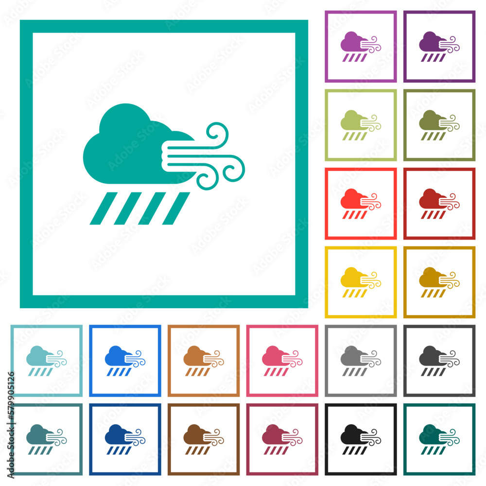 Windy and downpour weather flat color icons with quadrant frames