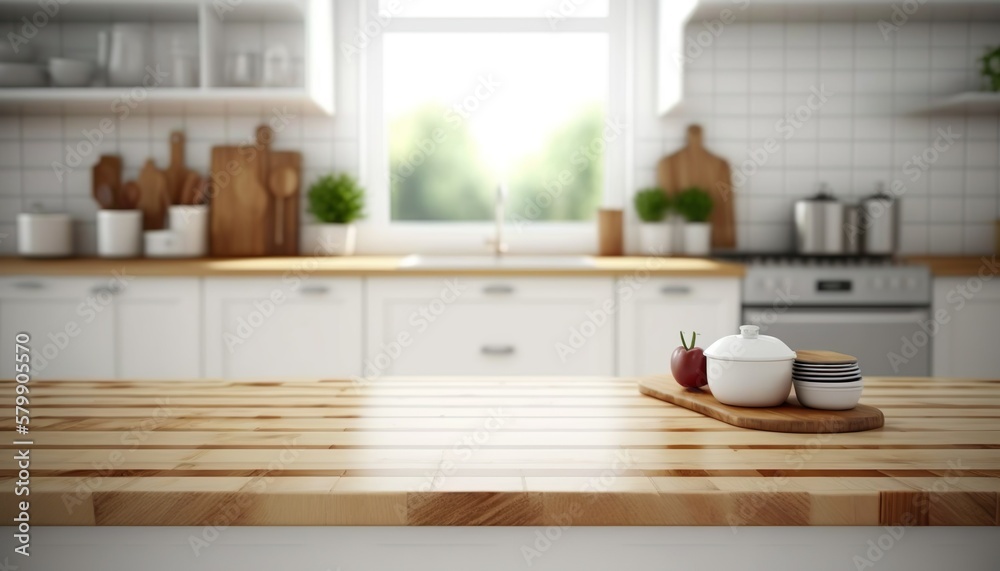 Wooden Board Empty Table Top on White Kitchen, Modern White Kitchen Created With Generative Ai Technology Wooden Board Empty Table Top on White Kitchen, Modern White Kitchen Created With Generative Ai Technology