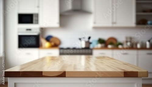 Wooden Board Empty Table Top on White kitchen, Wooden Table top on Blur Kitchen Interior Background Created with Generative AI technology © Supermarket Flowers