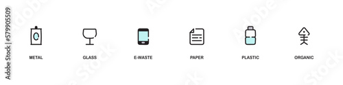 Separate Waste Icons. Recycling system management icons set for print, sticker, label, banner template. Separate garbage pack - metal, glass, electronics, e-waste, electronics, paper, plastic, organic