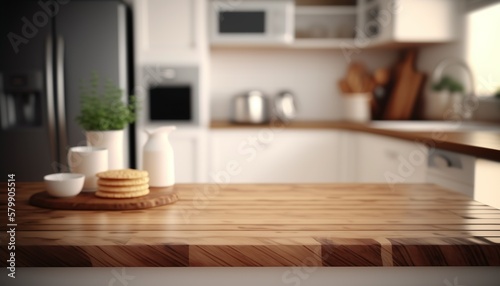 Wooden Board Empty Table Top on White kitchen, Modern Kitchen White Room Interior Created with Generative AI technology