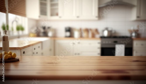Wooden Board Empty Table Top on White kitchen, Blurred Kitchen Interior Created with Generative AI technology
