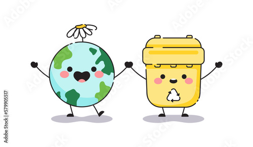 Waste recycling. Dumpster waste bin with recycling sign and clean happy planet Earth. Illustration on the theme of protecting nature and saving the planet ecology from garbage.