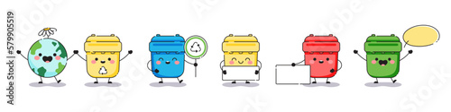 Waste recycling mascot set. Cute waste and garbage bins with text banners for labels, stickers, illustrations. Vector happy recycling garbage containers, dustbins and cans.