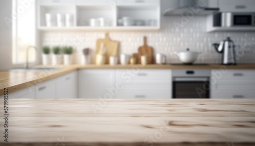 Wooden Board Empty Table Top on White kitchen  Wood Table Top on Blur Kitchen Room Background Created with Generative AI technology