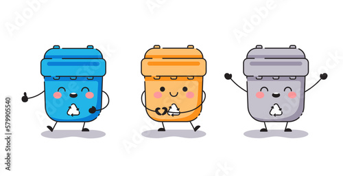 Waste bin set with happy emotions. Garbage bins for ecology, recycling, separation, reusing, sorting system stickers.