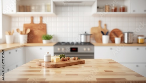 Wooden Board Empty Table Top on White Kitchen, Modern New Light Interior of Kitchen With White Furniture and Dining Table Created With Generative Ai Technology