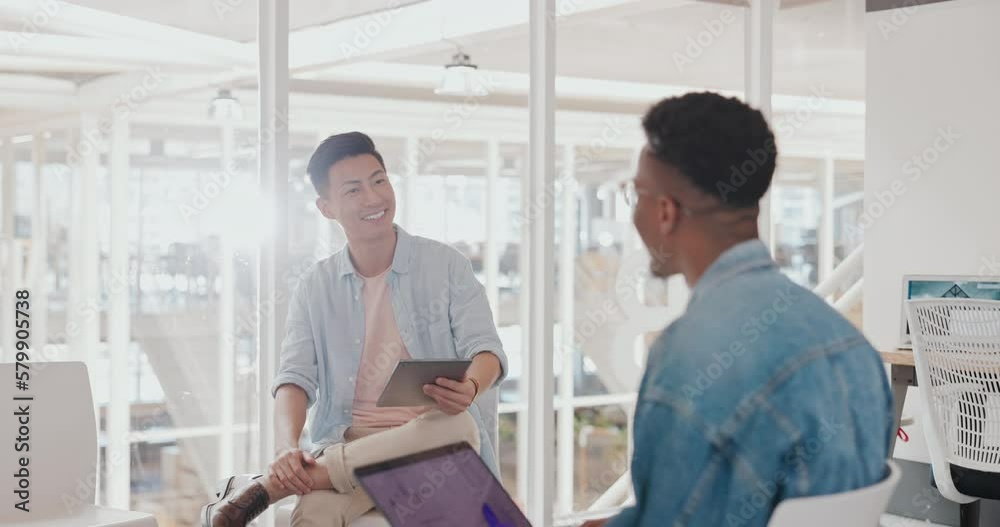 Business meeting, diversity man and digital marketing in office b2b communication for startup brainstorming, ideas and planning strategy. Tech people, graphic designer team and onboarding interview