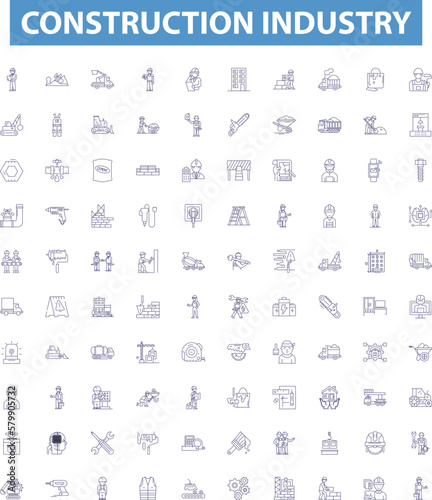 Construction industry line icons, signs set. Build, Architecture, Engineering, Contracting, Infrastructure, Developing, Designing, Constructing, Develop outline vector illustrations.