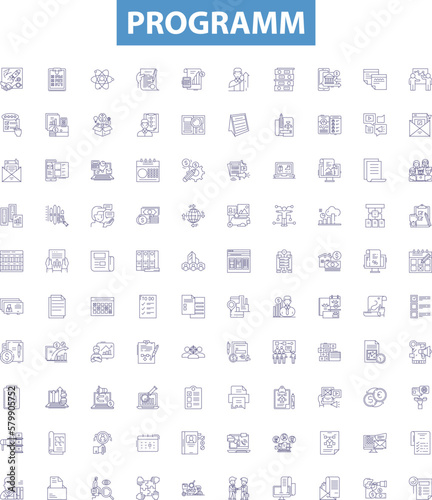 Programm line icons, signs set. Program, Programming, Software, Routine, Algorithm, Logic, Syntax, Compiler, Code outline vector illustrations.