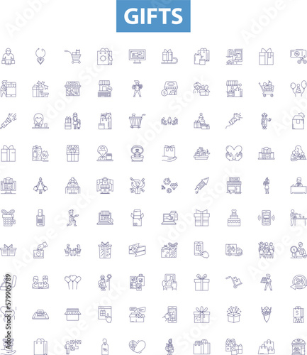 Gifts line icons, signs set. Presents, Favors, Souvenirs, Offerings, Tokens, Bonuses, Packages, Gratuity, Grants outline vector illustrations.