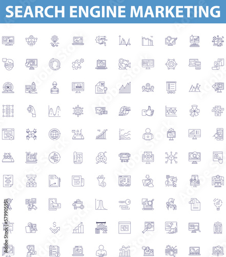 Search engine marketing line icons, signs set. SEM, SEO, Advertising, Analytics, Traffic, PPC, CTR, CPC, Metrics outline vector illustrations.