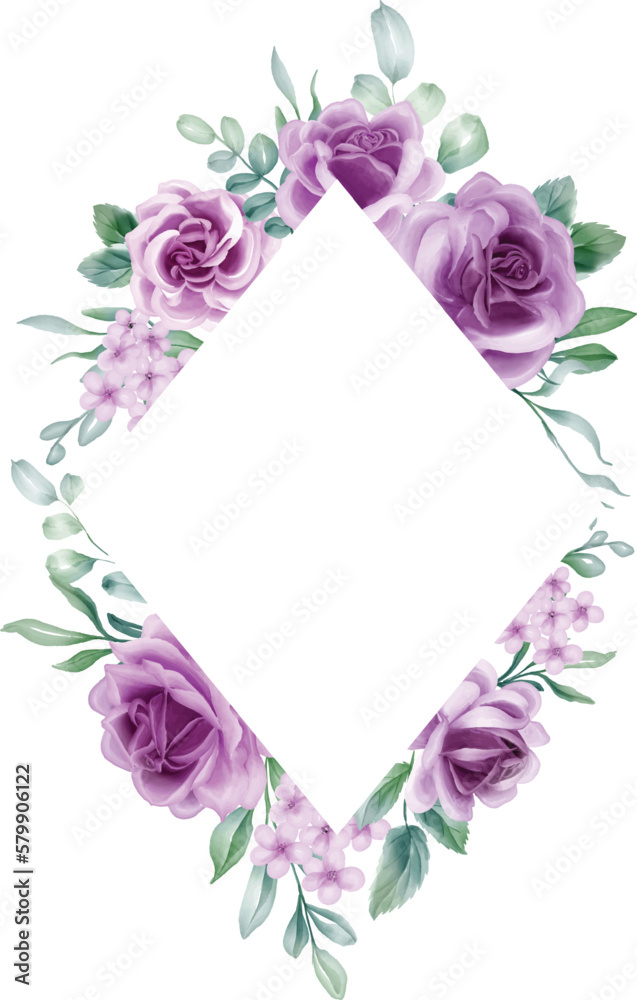 Rose Purple Watercolor flower frame. lilac flower elements, botanical background or wallpaper design, prints and invitations, and postcards.