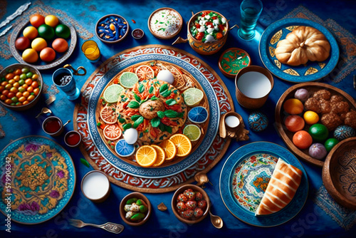 A table with many plates and bowls of food including a colorful container and a container of food.
