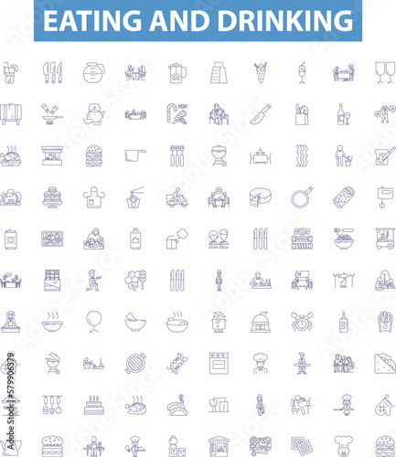 Eating and drinking line icons, signs set. Dining, Feasting, Banqueting, Devouring, Nibbling, Quaffing, Sipping, Gulping, Consuming outline vector illustrations.