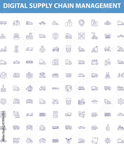 Digital supply chain management line icons, signs set. Digital, Supply, Chain, Management, Automation, Data, Analysis, Analytics, Logistics outline vector illustrations.