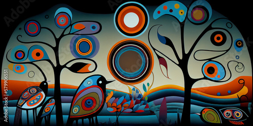 Illustration of a landscape in an North American indegnous style. Generative AI.
