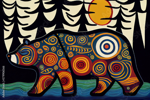 Illustration of a bear in an North American indegnous style. Generative AI.