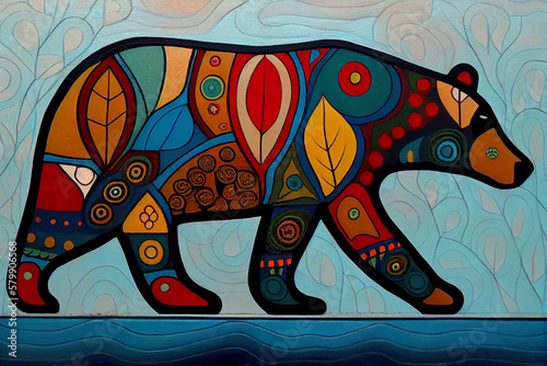 Illustration of a bear in an North American indegnous style. Generative AI.