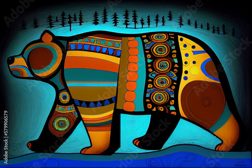 Illustration of a bear in an North American indegnous style. Generative AI.