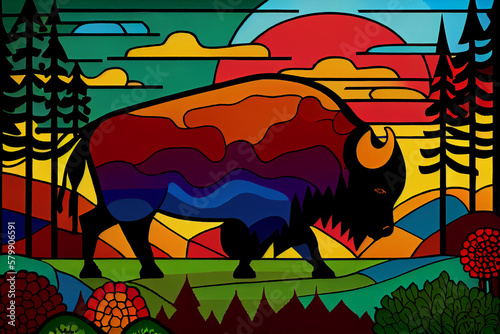 Illustration of a bison in an North American indegnous style. Generative AI.
