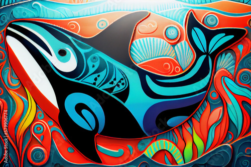 Illustration of a orca in an North American indegnous style. Generative AI.
