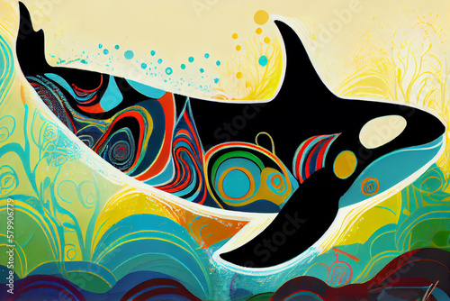 Illustration of a orca in an North American indegnous style. Generative AI.