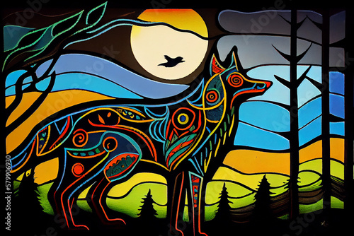 Illustration of a wolf in an North American indegnous style. Generative AI.