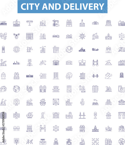 City and delivery line icons, signs set. City, Delivery, Urban, Local, Mail, Express, Shipping, Logistics, Transport outline vector illustrations.