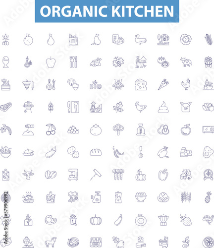 Organic kitchen line icons, signs set. Organic, Kitchen, Food, Produce, Groceries, Supplies, Recipes, Fruit, Vegetables outline vector illustrations.
