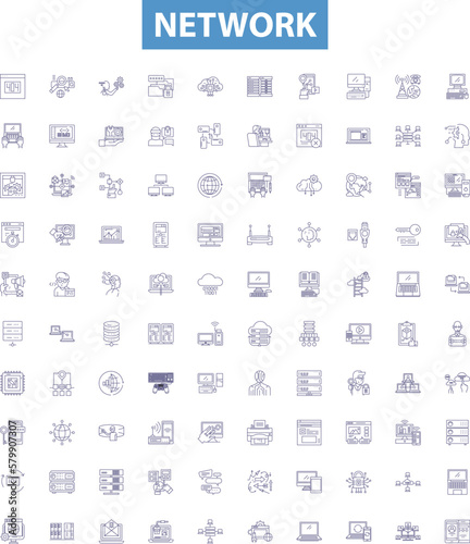 Network line icons, signs set. Network, Technology, Connectivity, System, Media, Infrastructure, Link, Communication, Wireless outline vector illustrations.