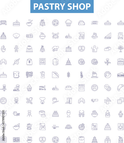 Pastry shop line icons, signs set. pastry, shop, bakery, confectionery, dessert, cake, cookie, brownie, pie outline vector illustrations.
