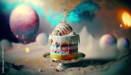 Birthday Cake in a Surrealistic Dreamland  Captured with a Drone and Creative Lens  Conveying Fantasy and Enchantment - Generative AI