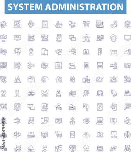 System administration line icons, signs set. Sysadmin, Admin, Network, Maintenance, Automation, Monitoring, Security, Patching, Provisioning outline vector illustrations.