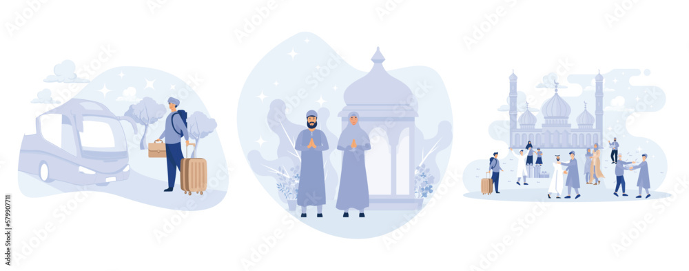 back to village or hometown while before Eid, Muslim Eid Fitr celebrating concept, set flat vector modern illustration back to village or hometown while before Eid, Muslim Eid Fitr celebrating concept, set flat vector modern illustration