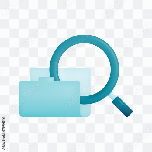 Vector icon with 3d render style of folder and magnifying glass metaphor for searching data in folders or reserch archived data. Can be used for ads, poster, startup apps, banner, website, template