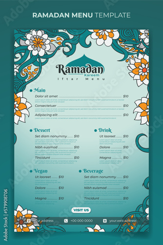 Ramadan iftar menu template with Green floral design