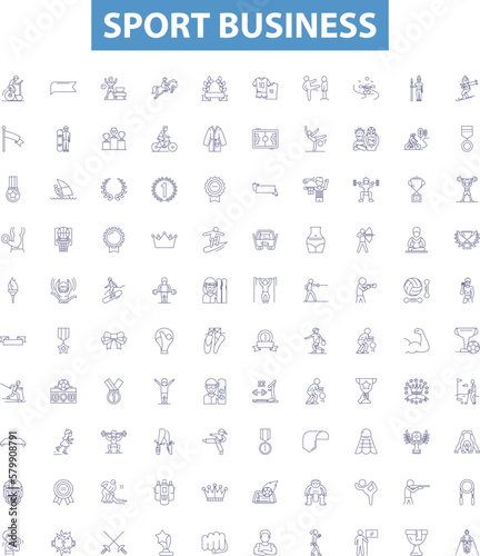 Sport business line icons, signs set. Sports, Business, Management, Marketing, Sponsorships, Merchandising, Finance, Facilities, Events outline vector illustrations.