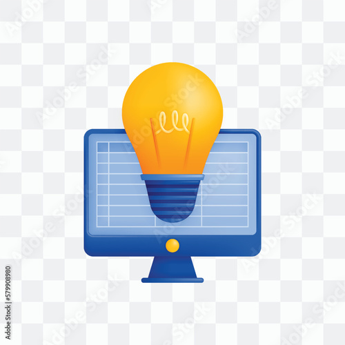3d icon realistic render style of lights or bulb and computers that work on spreadsheet metaphors ideas and inspiration of accounting. Can be used for websites, apps, ads, poster, banner, brochures