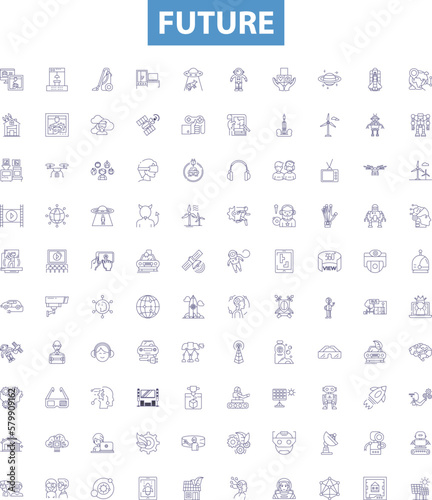 Future line icons, signs set. Futurity, Prospect, Later, Outlook, Foresee, Destiny, Coming, Endure, Ensue outline vector illustrations.
