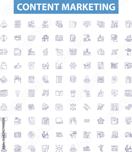 Content marketing line icons, signs set. Content, Marketing, Strategy, Distribution, Audience, Writing, SEO, Social, Media outline vector illustrations.