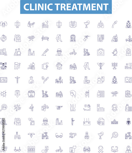 Clinic treatment line icons, signs set. Clinic, treatment, health, care, physician, consultation, surgery, therapy, drug outline vector illustrations.