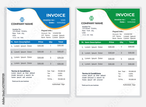 Business Minimal Corporate Invoice design template vector illustration bill form price . Creative template and stationery design payment agreement design template Cash Memo, Vector Quotation Design